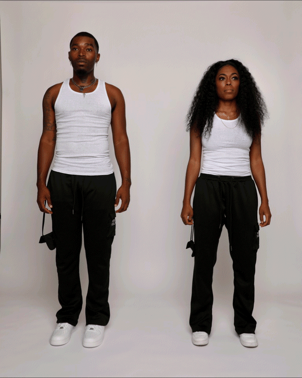 Black drop-pocket cargo pants and jogger for men and women.